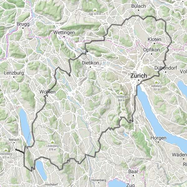 Miniatura della mappa di ispirazione al ciclismo "Avventura alpina attraverso Aargau e Zurigo" nella regione di Nordwestschweiz, Switzerland. Generata da Tarmacs.app, pianificatore di rotte ciclistiche