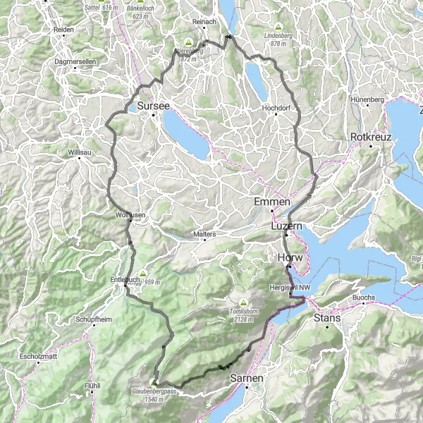Miniatura della mappa di ispirazione al ciclismo "Giro in bicicletta da Menziken" nella regione di Nordwestschweiz, Switzerland. Generata da Tarmacs.app, pianificatore di rotte ciclistiche