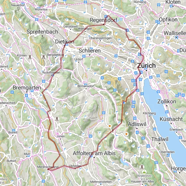 Miniatura della mappa di ispirazione al ciclismo "Itinerario in MTB da Merenschwand a Affoltern am Albis e Rickenbach" nella regione di Nordwestschweiz, Switzerland. Generata da Tarmacs.app, pianificatore di rotte ciclistiche