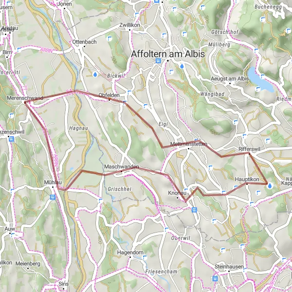 Miniaturní mapa "Gravelová trasa Obfelden - Knonau - Mühlau" inspirace pro cyklisty v oblasti Nordwestschweiz, Switzerland. Vytvořeno pomocí plánovače tras Tarmacs.app