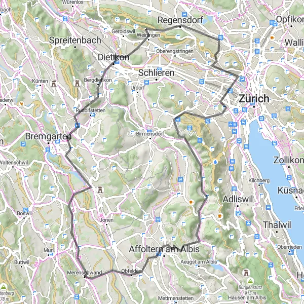 Miniatura della mappa di ispirazione al ciclismo "Giro in bici da Merenschwand a Regensdorf" nella regione di Nordwestschweiz, Switzerland. Generata da Tarmacs.app, pianificatore di rotte ciclistiche