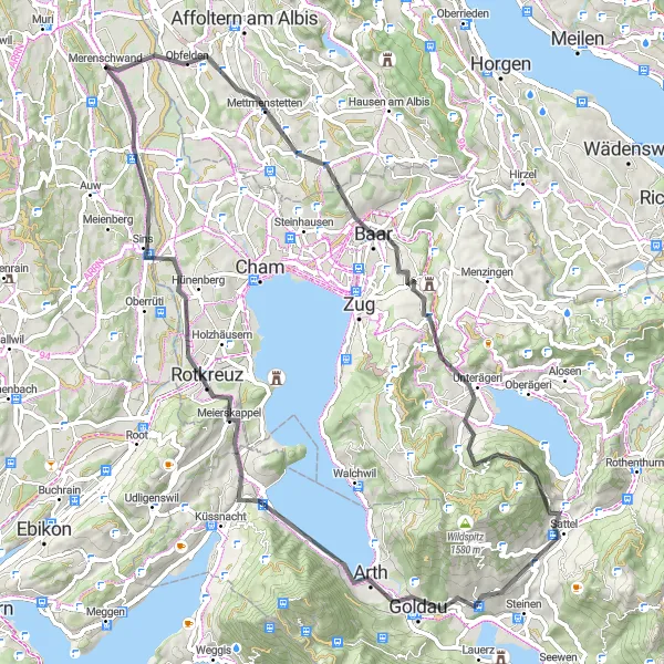 Kartminiatyr av "Baar til Sins sykkeltur" sykkelinspirasjon i Nordwestschweiz, Switzerland. Generert av Tarmacs.app sykkelrutoplanlegger