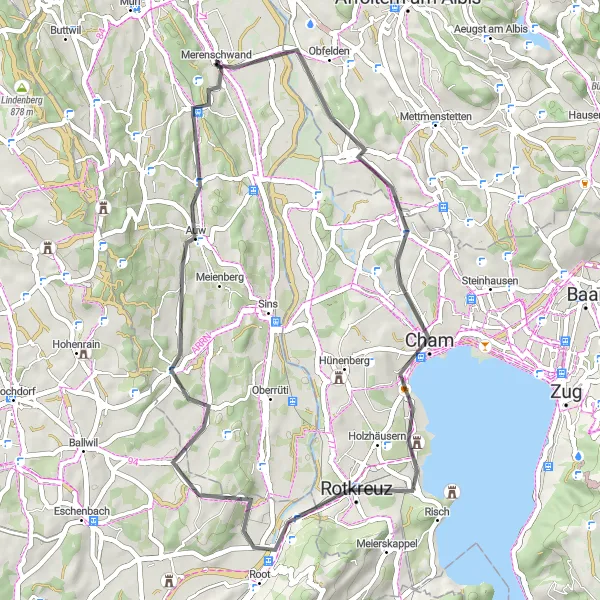 Miniaturní mapa "Okružní cyklistická trasa Maschwanden - Gisikon - Abtwil - Merenschwand" inspirace pro cyklisty v oblasti Nordwestschweiz, Switzerland. Vytvořeno pomocí plánovače tras Tarmacs.app