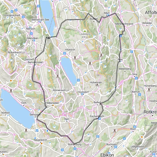 Map miniature of "Merenschwand - Beromünster Loop" cycling inspiration in Nordwestschweiz, Switzerland. Generated by Tarmacs.app cycling route planner