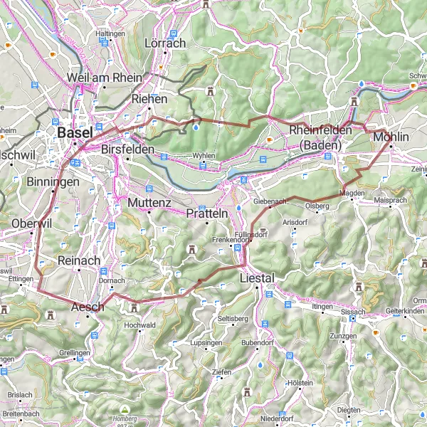 Miniature de la carte de l'inspiration cycliste "Boucle à travers les villages suisses" dans la Nordwestschweiz, Switzerland. Générée par le planificateur d'itinéraire cycliste Tarmacs.app
