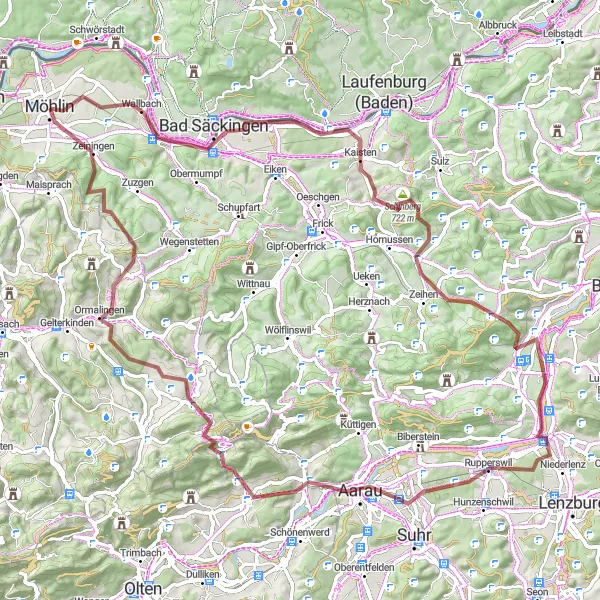 Kartminiatyr av "Historisk cykeltur genom Aarau och Oltingen" cykelinspiration i Nordwestschweiz, Switzerland. Genererad av Tarmacs.app cykelruttplanerare