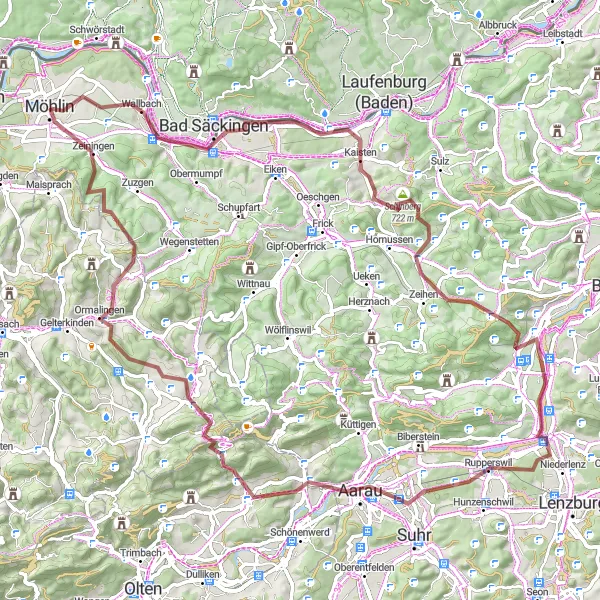 Map miniature of "The Gravel Adventure" cycling inspiration in Nordwestschweiz, Switzerland. Generated by Tarmacs.app cycling route planner