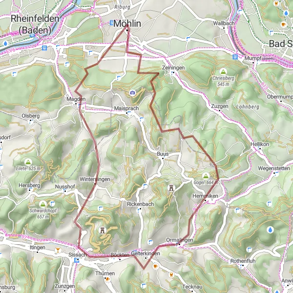 Mapa miniatúra "Short Gravel Loop from Möhlin" cyklistická inšpirácia v Nordwestschweiz, Switzerland. Vygenerované cyklistickým plánovačom trás Tarmacs.app