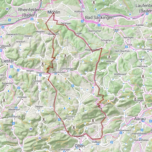 Miniatura della mappa di ispirazione al ciclismo "Gravel Tour delle Colline di Nordovest" nella regione di Nordwestschweiz, Switzerland. Generata da Tarmacs.app, pianificatore di rotte ciclistiche