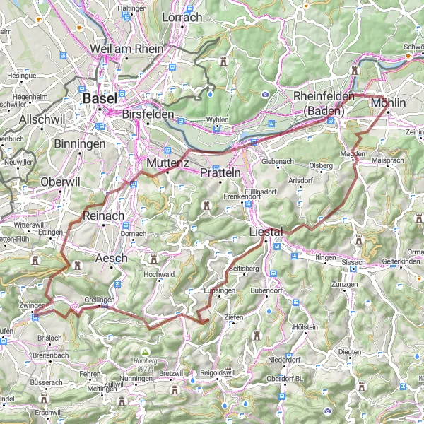 Zemljevid v pomanjšavi "Gorsko kolesarjenje v Nordwestschweiz" kolesarske inspiracije v Nordwestschweiz, Switzerland. Generirano z načrtovalcem kolesarskih poti Tarmacs.app