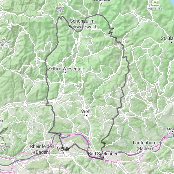Miniature de la carte de l'inspiration cycliste "Le Tour des Cols près de Möhlin" dans la Nordwestschweiz, Switzerland. Générée par le planificateur d'itinéraire cycliste Tarmacs.app