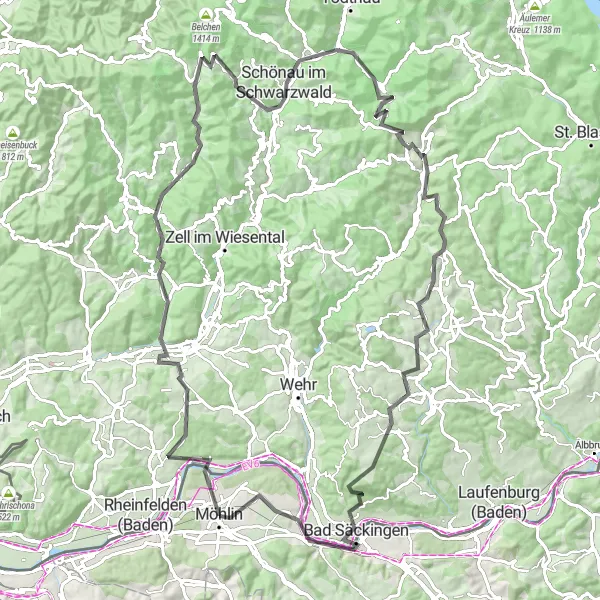 Karttaminiaatyyri "Möhlin - Hohe Flum - Bürchau - Spitzkopf - Aitern - Hochkopf - Schellenberg - Herrischried - Eggberg - Mumpf - Möhlin" pyöräilyinspiraatiosta alueella Nordwestschweiz, Switzerland. Luotu Tarmacs.app pyöräilyreittisuunnittelijalla