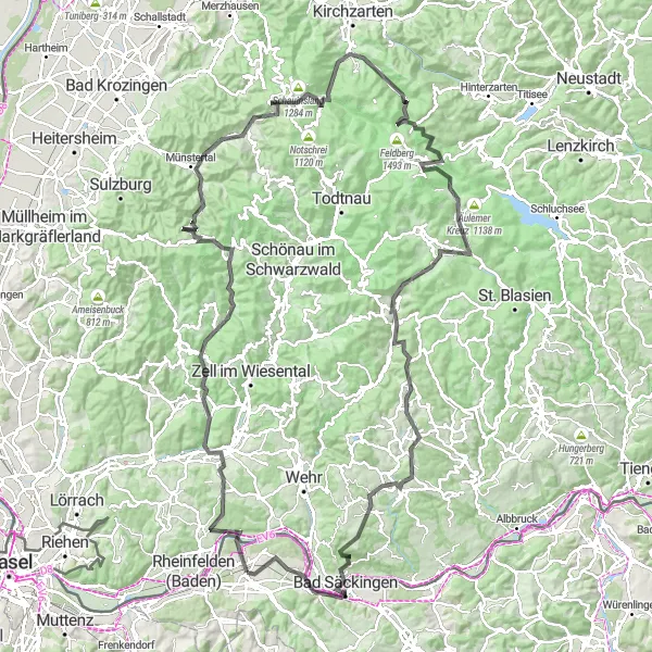 Karttaminiaatyyri "Möhlin - Hohe Flum - Schopfheim - Bürchau - Weiherkopf - Hofsgrund - Schauinsland - Oberried - Baldenweger Buck - Koepfle - Todtmoos - Gugel - Eggberg - Bad Säckingen - Möhlin" pyöräilyinspiraatiosta alueella Nordwestschweiz, Switzerland. Luotu Tarmacs.app pyöräilyreittisuunnittelijalla