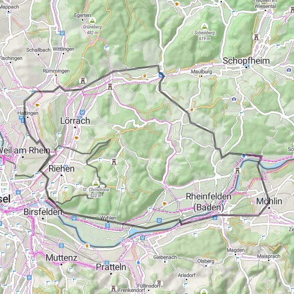 Mapa miniatúra "Jazda po silnici v blízkosti rieky" cyklistická inšpirácia v Nordwestschweiz, Switzerland. Vygenerované cyklistickým plánovačom trás Tarmacs.app
