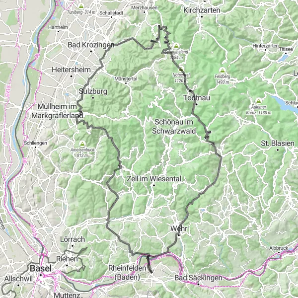 Karten-Miniaturansicht der Radinspiration "Herausfordernde Straßenrunde durch die Schwarzwaldregion" in Nordwestschweiz, Switzerland. Erstellt vom Tarmacs.app-Routenplaner für Radtouren