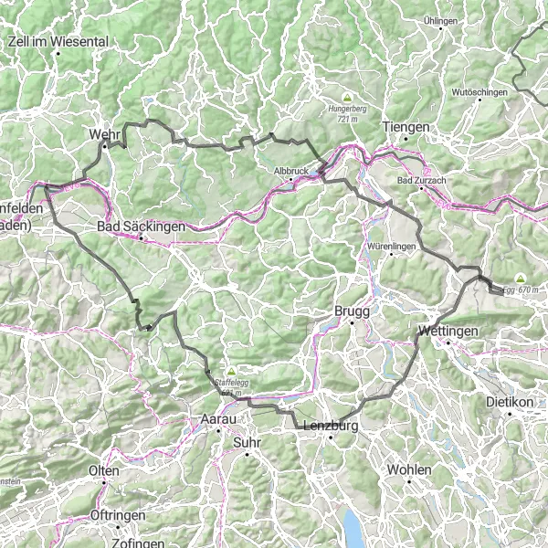 Mapa miniatúra "Road Adventure near Möhlin" cyklistická inšpirácia v Nordwestschweiz, Switzerland. Vygenerované cyklistickým plánovačom trás Tarmacs.app