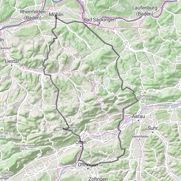 Miniature de la carte de l'inspiration cycliste "Parcours Routier Épique de Möhlin" dans la Nordwestschweiz, Switzerland. Générée par le planificateur d'itinéraire cycliste Tarmacs.app