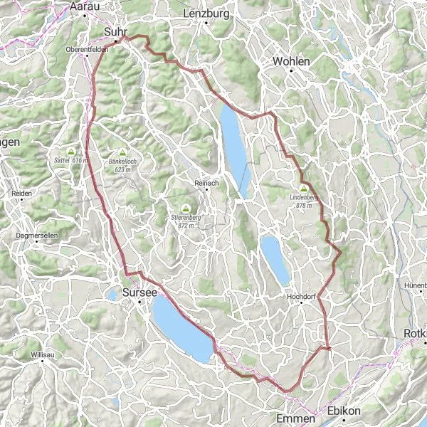 Kartminiatyr av "Grusvei Sykkeltur fra Muhen" sykkelinspirasjon i Nordwestschweiz, Switzerland. Generert av Tarmacs.app sykkelrutoplanlegger
