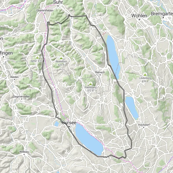 Miniaturekort af cykelinspirationen "Muhen til Reitnau Road Cykelrute" i Nordwestschweiz, Switzerland. Genereret af Tarmacs.app cykelruteplanlægger