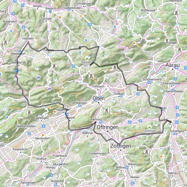 Karten-Miniaturansicht der Radinspiration "Herausfordernde Straßentour in Nordwestschweiz" in Nordwestschweiz, Switzerland. Erstellt vom Tarmacs.app-Routenplaner für Radtouren