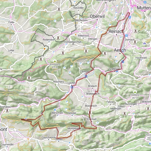 Miniatura della mappa di ispirazione al ciclismo "Avventura in mountain bike da Aesch a Münchenstein" nella regione di Nordwestschweiz, Switzerland. Generata da Tarmacs.app, pianificatore di rotte ciclistiche
