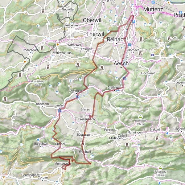 Miniatura della mappa di ispirazione al ciclismo "Escursione in gravel da Reinach a Münchenstein" nella regione di Nordwestschweiz, Switzerland. Generata da Tarmacs.app, pianificatore di rotte ciclistiche