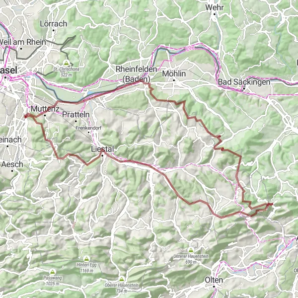 Mapa miniatúra "Gravelová cesta k jezeru a přírodě" cyklistická inšpirácia v Nordwestschweiz, Switzerland. Vygenerované cyklistickým plánovačom trás Tarmacs.app