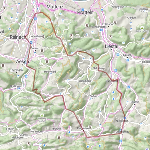 Zemljevid v pomanjšavi "Uživaška makadamska kolesarska pot v bližini Münchensteina" kolesarske inspiracije v Nordwestschweiz, Switzerland. Generirano z načrtovalcem kolesarskih poti Tarmacs.app