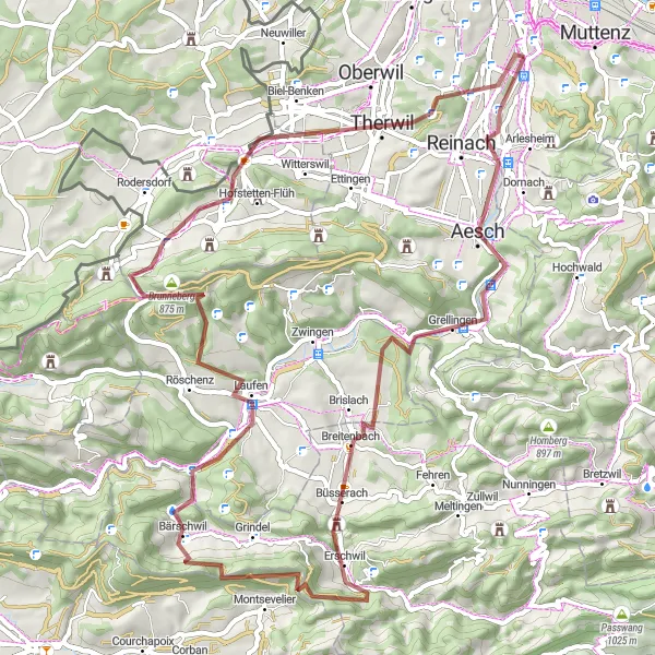Miniatua del mapa de inspiración ciclista "Ruta de Grava Duggingen-Laufen" en Nordwestschweiz, Switzerland. Generado por Tarmacs.app planificador de rutas ciclistas