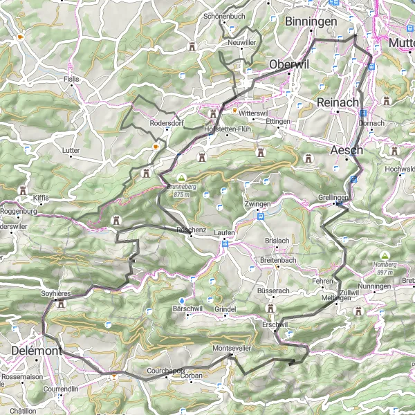 Mapa miniatúra "Cyklo turistika cez hory a dediny" cyklistická inšpirácia v Nordwestschweiz, Switzerland. Vygenerované cyklistickým plánovačom trás Tarmacs.app