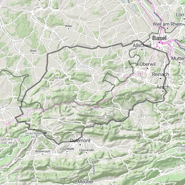 Miniature de la carte de l'inspiration cycliste "Circuit des Vallées Jurassiennes" dans la Nordwestschweiz, Switzerland. Générée par le planificateur d'itinéraire cycliste Tarmacs.app