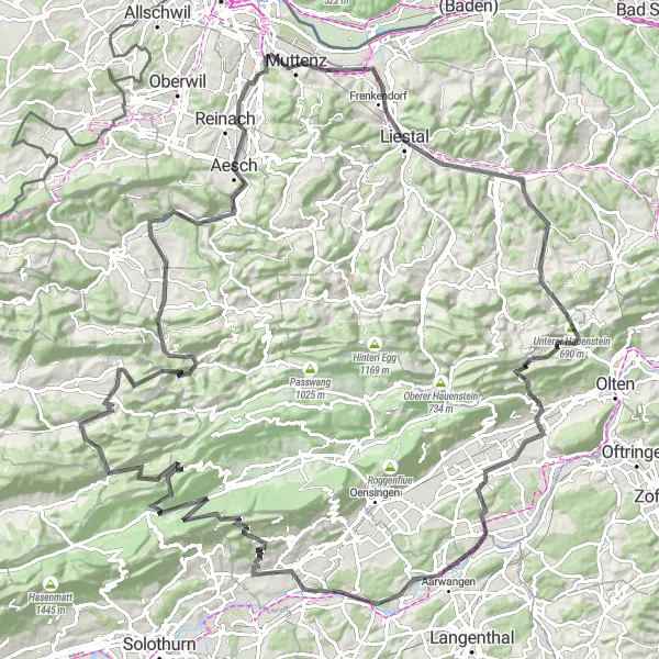 Miniaturní mapa "Okružní cyklistická trasa kolem Münchensteinu - Road" inspirace pro cyklisty v oblasti Nordwestschweiz, Switzerland. Vytvořeno pomocí plánovače tras Tarmacs.app
