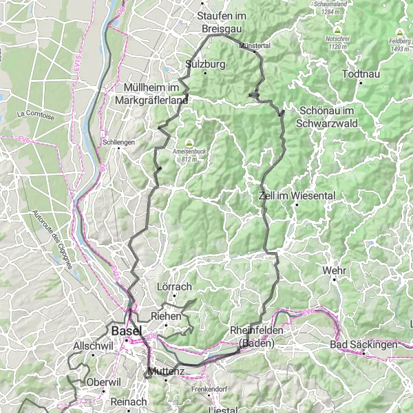 Karttaminiaatyyri "Vuoristoilmastoa ja historiallisia kohteita" pyöräilyinspiraatiosta alueella Nordwestschweiz, Switzerland. Luotu Tarmacs.app pyöräilyreittisuunnittelijalla