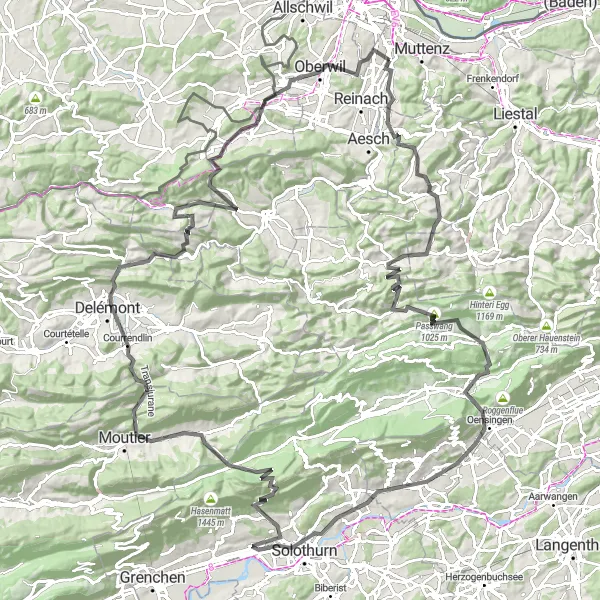 Kartminiatyr av "Sveitsisk Landeveieventyr rundt Solothurn" sykkelinspirasjon i Nordwestschweiz, Switzerland. Generert av Tarmacs.app sykkelrutoplanlegger