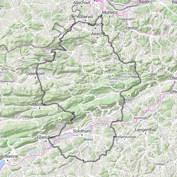 Miniaturekort af cykelinspirationen "Road Cycling Route around Münchenstein" i Nordwestschweiz, Switzerland. Genereret af Tarmacs.app cykelruteplanlægger