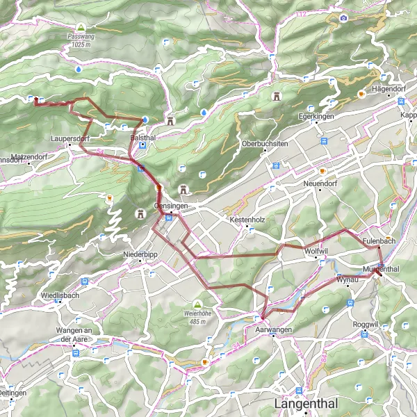 Map miniature of "Oensingen and Laupersdorf Gravel Route" cycling inspiration in Nordwestschweiz, Switzerland. Generated by Tarmacs.app cycling route planner