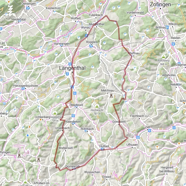 Miniatura della mappa di ispirazione al ciclismo "Esplorazione naturale da Pfaffnau a Murgenthal" nella regione di Nordwestschweiz, Switzerland. Generata da Tarmacs.app, pianificatore di rotte ciclistiche