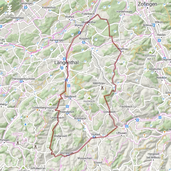 Miniaturní mapa "Okružní cesta kolem Murgenthal: Gravel" inspirace pro cyklisty v oblasti Nordwestschweiz, Switzerland. Vytvořeno pomocí plánovače tras Tarmacs.app