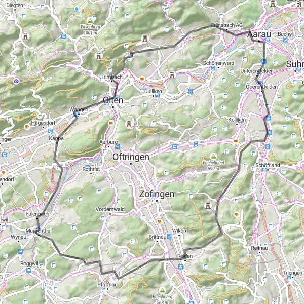 Miniatura della mappa di ispirazione al ciclismo "Giro in bicicletta da Murgenthal ad Aarau" nella regione di Nordwestschweiz, Switzerland. Generata da Tarmacs.app, pianificatore di rotte ciclistiche