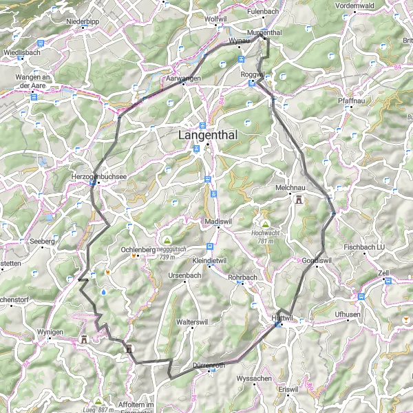Miniatura della mappa di ispirazione al ciclismo "Esplorazione storica tra Isehuet e Wynau" nella regione di Nordwestschweiz, Switzerland. Generata da Tarmacs.app, pianificatore di rotte ciclistiche