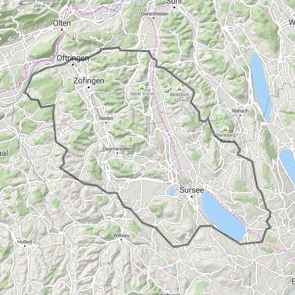 Miniatua del mapa de inspiración ciclista "Ruta Escénica en Carretera a Través de Colinas y Campos" en Nordwestschweiz, Switzerland. Generado por Tarmacs.app planificador de rutas ciclistas