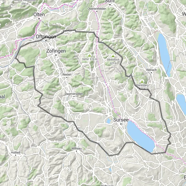 Miniaturní mapa "Okružní cesta kolem Murgenthal: Road" inspirace pro cyklisty v oblasti Nordwestschweiz, Switzerland. Vytvořeno pomocí plánovače tras Tarmacs.app