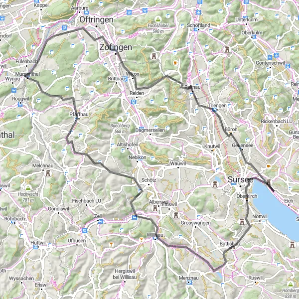 Miniatura della mappa di ispirazione al ciclismo "Giro panoramico del Lago di Sempach" nella regione di Nordwestschweiz, Switzerland. Generata da Tarmacs.app, pianificatore di rotte ciclistiche