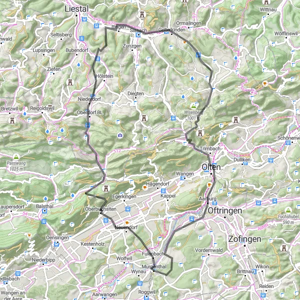 Mapa miniatúra "Road okruh Murgenthal - Riken" cyklistická inšpirácia v Nordwestschweiz, Switzerland. Vygenerované cyklistickým plánovačom trás Tarmacs.app