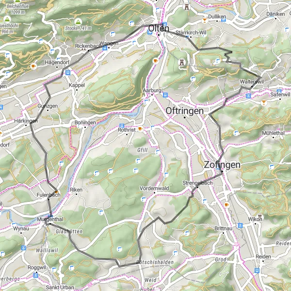Map miniature of "Murgenthal - Hägendorf - Känzeli - Zofingen - Glashütten" cycling inspiration in Nordwestschweiz, Switzerland. Generated by Tarmacs.app cycling route planner