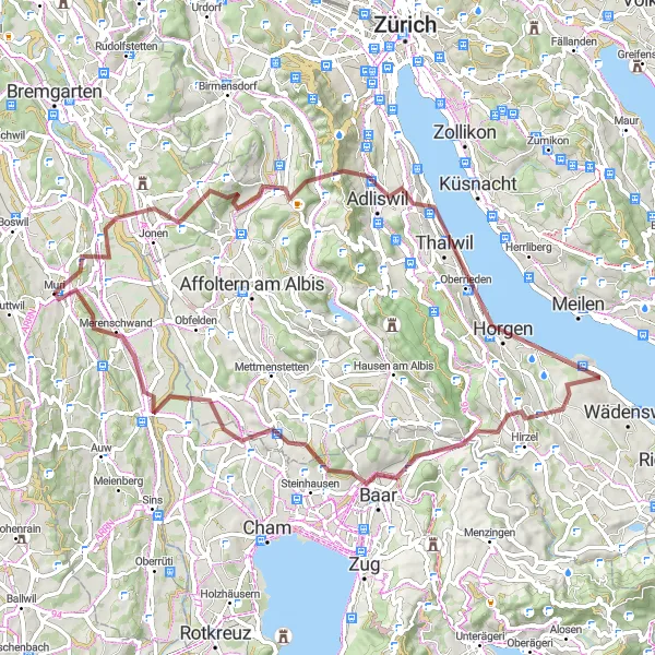 Miniature de la carte de l'inspiration cycliste "Parcours de Vélo de Gravel de Muri à Merenschwand" dans la Nordwestschweiz, Switzerland. Générée par le planificateur d'itinéraire cycliste Tarmacs.app