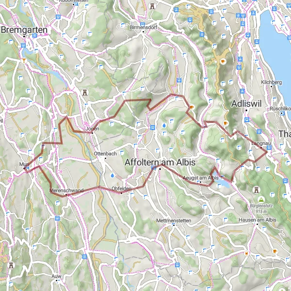 Miniatura della mappa di ispirazione al ciclismo "Giro in bicicletta gravel intorno a Muri" nella regione di Nordwestschweiz, Switzerland. Generata da Tarmacs.app, pianificatore di rotte ciclistiche