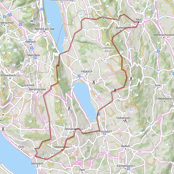 Map miniature of "Buttwil - Beromünster Gravel Ride" cycling inspiration in Nordwestschweiz, Switzerland. Generated by Tarmacs.app cycling route planner
