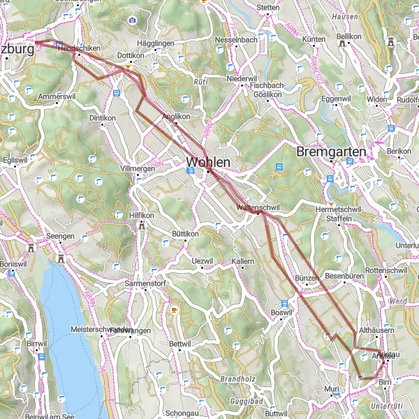 Zemljevid v pomanjšavi "Gravelna dogodivščina skozi Nordwestschweiz" kolesarske inspiracije v Nordwestschweiz, Switzerland. Generirano z načrtovalcem kolesarskih poti Tarmacs.app