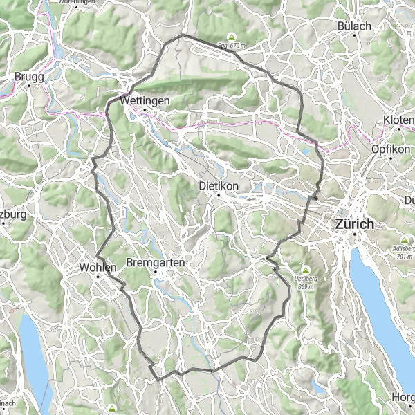 Zemljevid v pomanjšavi "Wasserturm Baldegg do Ottenbach" kolesarske inspiracije v Nordwestschweiz, Switzerland. Generirano z načrtovalcem kolesarskih poti Tarmacs.app